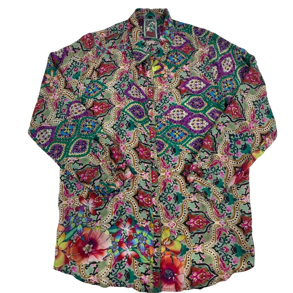 Johnny Was Cupra Rayon Floral Geometric Button Down Shirt Multi Color L Boho